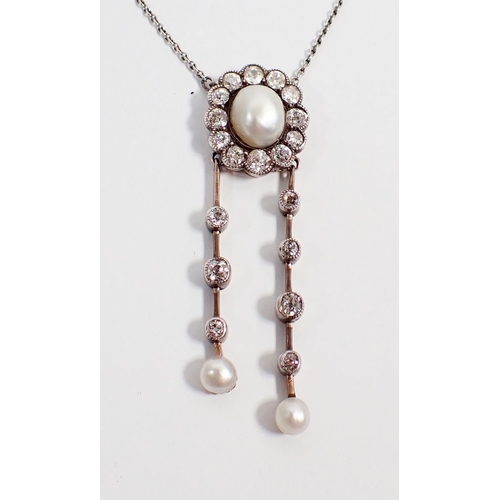 239 - An antique pearl and diamond negligee necklace with central pearl diamond cluster suspended two asym... 