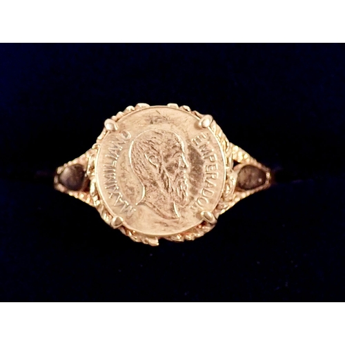 263 - A 9ct gold ring set 0.5g 22ct gold Mexican coin, size O, total weight 2g