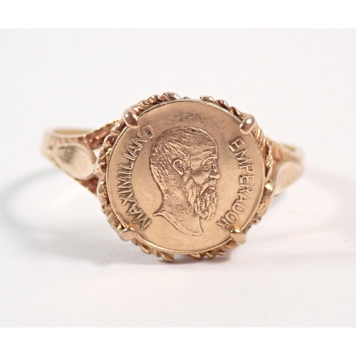 263 - A 9ct gold ring set 0.5g 22ct gold Mexican coin, size O, total weight 2g