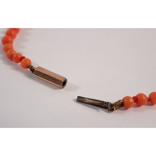 282 - A coral bead necklace with yellow metal clasp, 39cm long