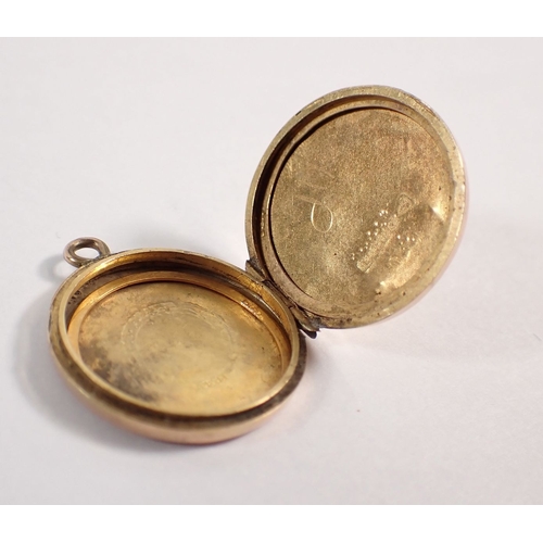 286 - A 9 carat gold circular locket, 2cm diameter, 2.3g