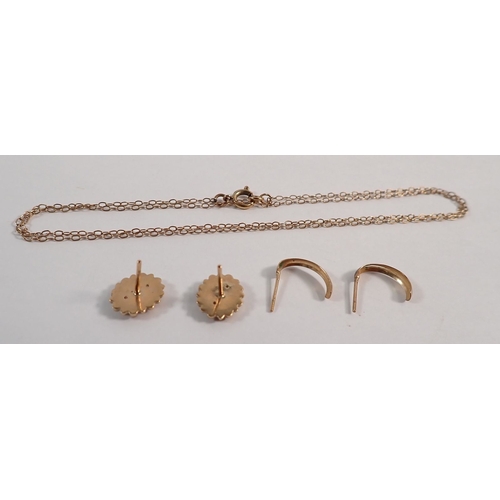 296 - A pair of 9 carat gold chip diamond earrings, a 9 carat gold fine chain and a yellow metal pair of e... 