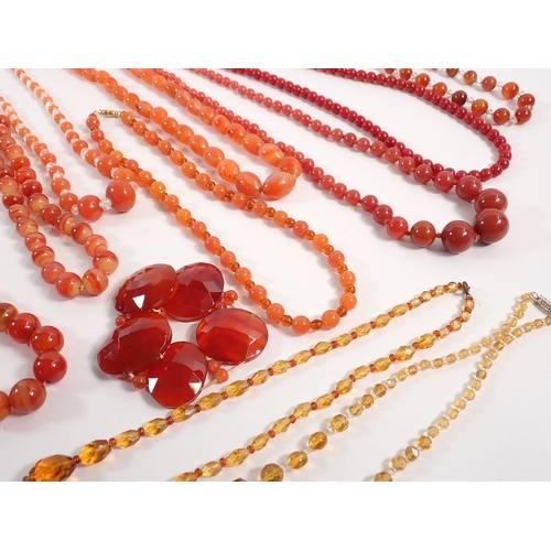367 - A collection of orange agate and cut glass bead necklaces and bracelet etc.