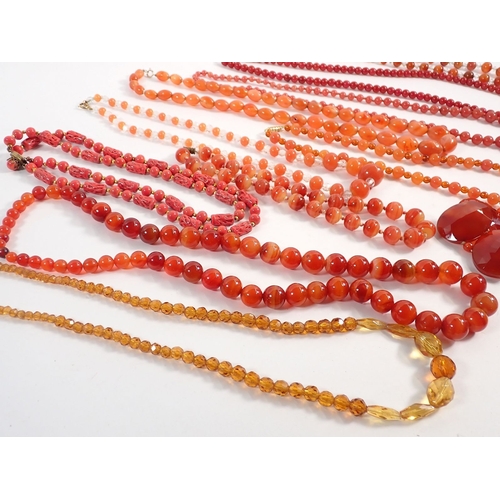 367 - A collection of orange agate and cut glass bead necklaces and bracelet etc.
