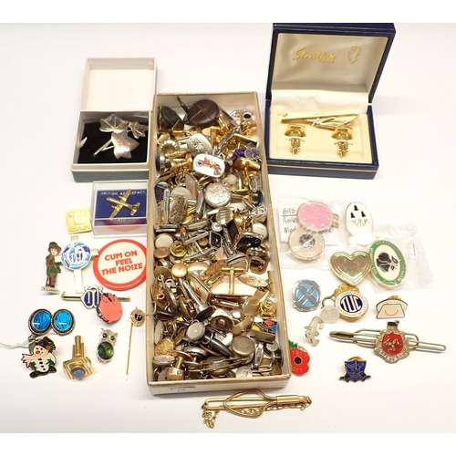 370 - A box of cufflinks, enamel badges, tie clips etc.