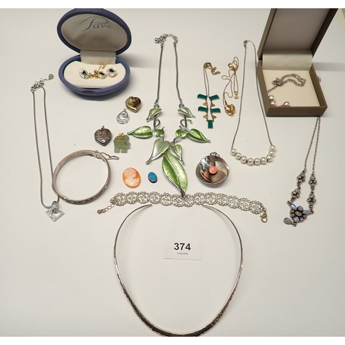 374 - A collection of necklaces, pendants etc. including 9 carat gold stone set pendant, Indian silver and... 