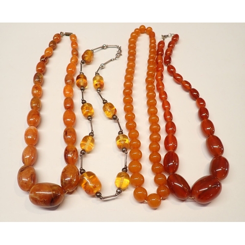 398 - Four various amber necklaces - one probably re-constituted