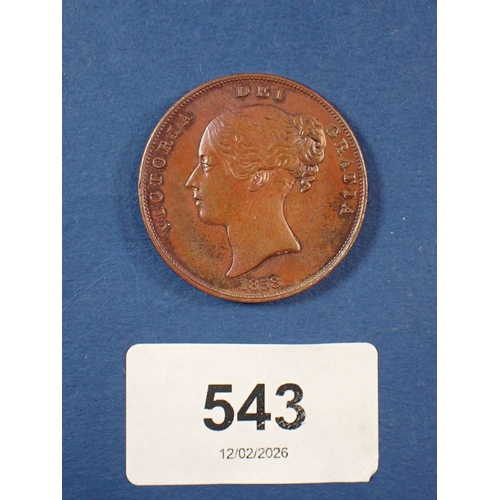 543 - A British Victoria copper penny 1858, over date 8 over 3, with authentication slip, Cond: EF
