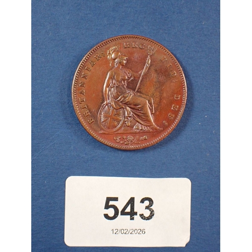 543 - A British Victoria copper penny 1858, over date 8 over 3, with authentication slip, Cond: EF