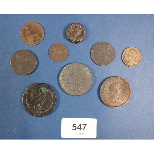547 - A copper bronze coin group to include George III 1797 cartwheel penny, 1812 Union Copper Company one... 