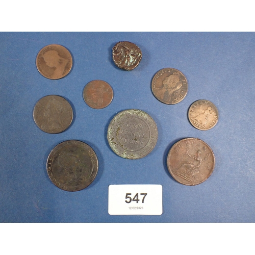 547 - A copper bronze coin group to include George III 1797 cartwheel penny, 1812 Union Copper Company one... 