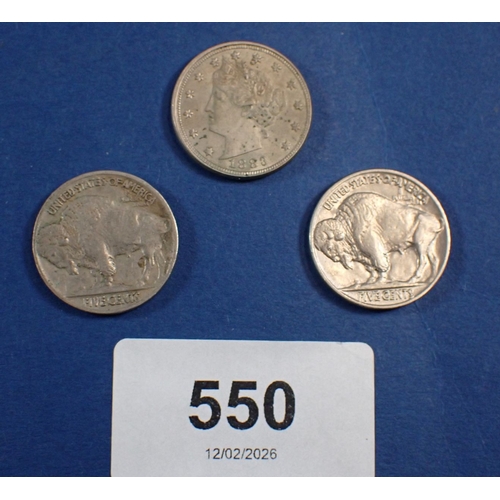 550 - An 1883 USA Liberty Head nickel with 'Cents' plus two Indian Head nickels 1915 and 1917, Cond: VF-EF