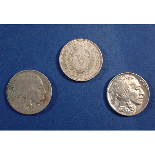 550 - An 1883 USA Liberty Head nickel with 'Cents' plus two Indian Head nickels 1915 and 1917, Cond: VF-EF