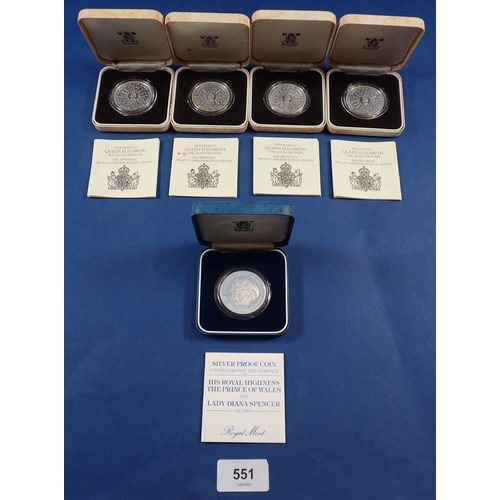 551 - Five Royal Mint silver proof crowns to include 4x 1980 Queen Elizabeth the Queen Mother 80th Birthda... 