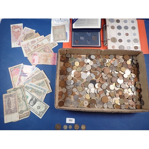 552 - A group of British and World coins and banknotes, predominately 20th Century, including silver conte... 