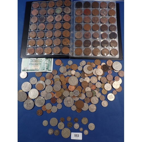 553 - A group of British coins to include album of pennies, half pennies etc. silver content coins to incl... 