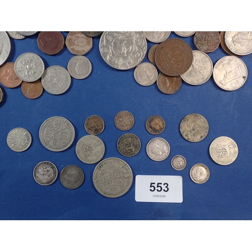 553 - A group of British coins to include album of pennies, half pennies etc. silver content coins to incl... 