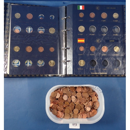 572 - A Euro collectors album with various coins plus a tub of Euro cents etc
