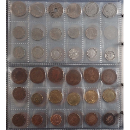 574 - An album of British and World coins including silver examples, pre 1920 shillings x3, threepences x9... 