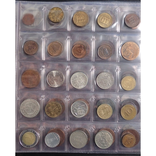 574 - An album of British and World coins including silver examples, pre 1920 shillings x3, threepences x9... 