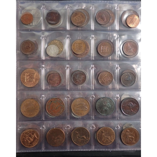 574 - An album of British and World coins including silver examples, pre 1920 shillings x3, threepences x9... 