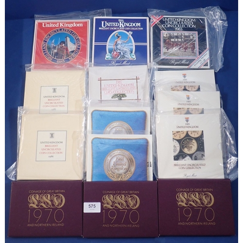 575 - Three 1970 coinage of Great Britain and Northern Ireland coin sets plus eleven UK uncirculated coin ... 