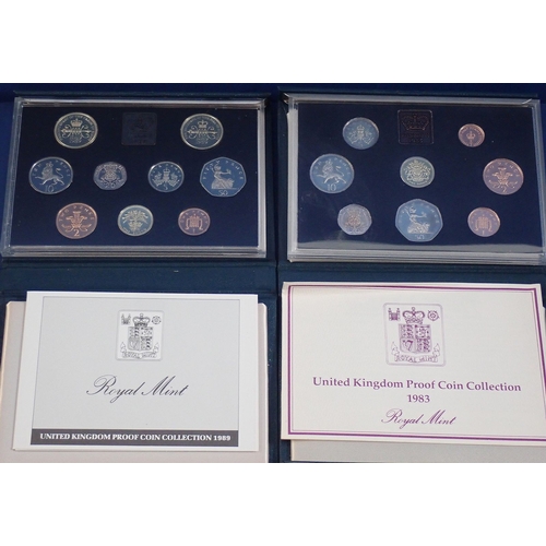 577 - Four Royal Mint United Kingdom proof coin collections in blue case, 1983 and 1989 x3