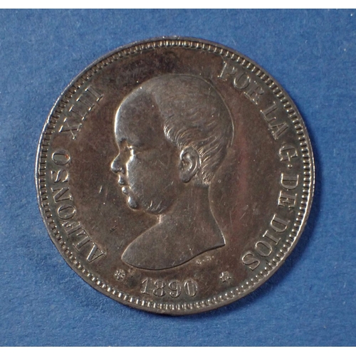 588 - A Spanish Alfonso XIII 1890 5 pesetas .900 silver - Condition: VF - EF