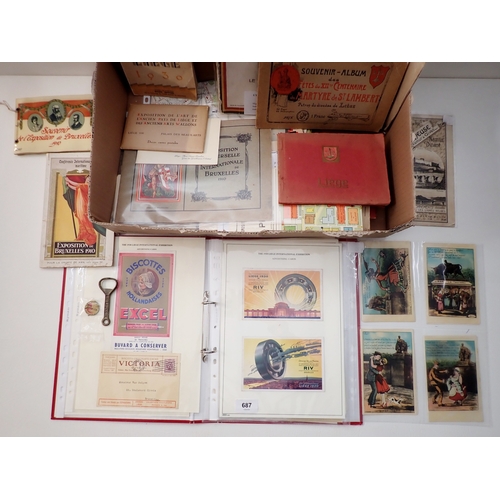 687 - A large box of Belgian Exposition ephemera and promotional postcards with associated guides, booklet... 