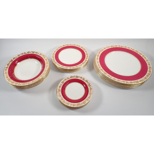 43 - A collection of Wedgwood Ruby Whitehall dinnerware including six dinner plates, six sandwich plates,... 