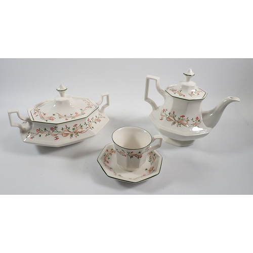 46 - A Johnson Brothers Eternal Beau dinner service comprising six cups and saucers, four mugs, teapot, s... 