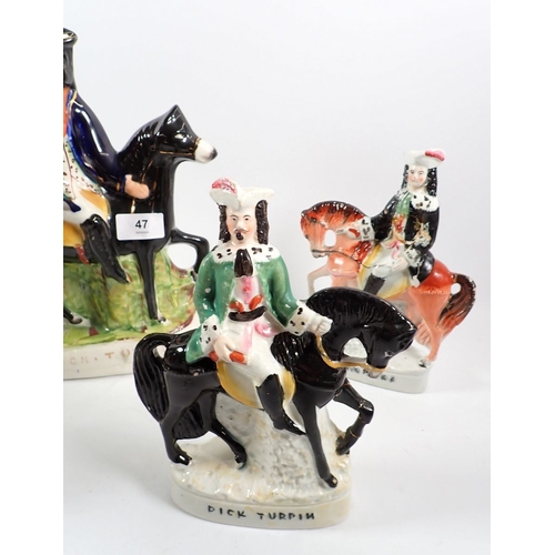 47 - A group of four Victorian Staffordshire equestrian figures and two watch stands, tallest 30cm