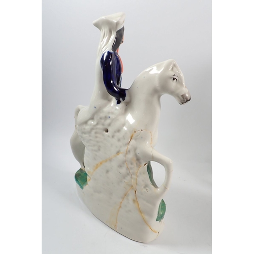 47 - A group of four Victorian Staffordshire equestrian figures and two watch stands, tallest 30cm