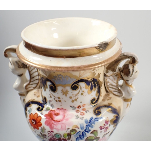 6 - A pair of Rockingham style vases painted sprays of flowers on an apple green ground with yellow and ... 