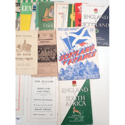 749 - A collection of sporting programmes and booklets including 1950's Rugby and Cricket programmes, Day ... 