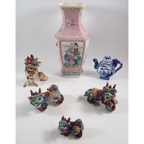 121 - A reproduction Chinese Famille rose style vase, 37cm, four Kylin lions and a blue and white teapot
