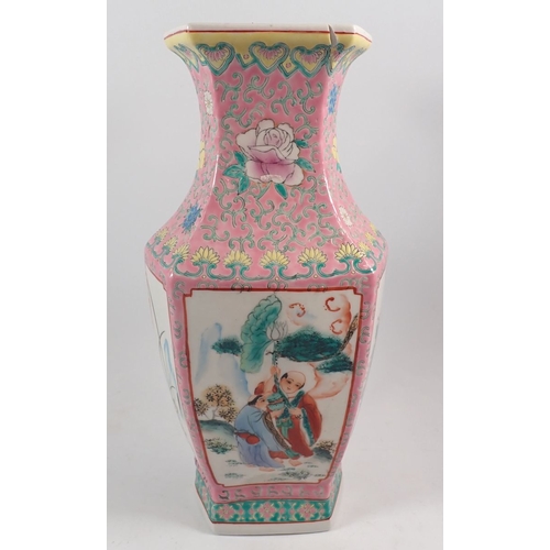 121 - A reproduction Chinese Famille rose style vase, 37cm, four Kylin lions and a blue and white teapot