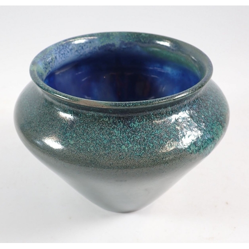 123 - A Cobridge green and blue speckled glaze vase, 13cm tall