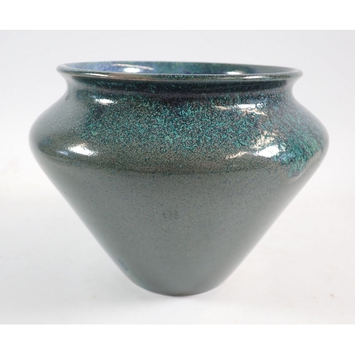 123 - A Cobridge green and blue speckled glaze vase, 13cm tall
