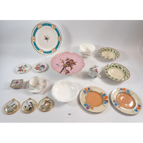130 - A group of decorative china including two Clarice Cliff bowls and plates, Royal Worcester cup and sa... 