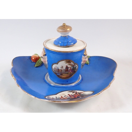 133 - A Meissen style inkwell on stand painted landscape and figure panels on a blue ground, crossed sword... 