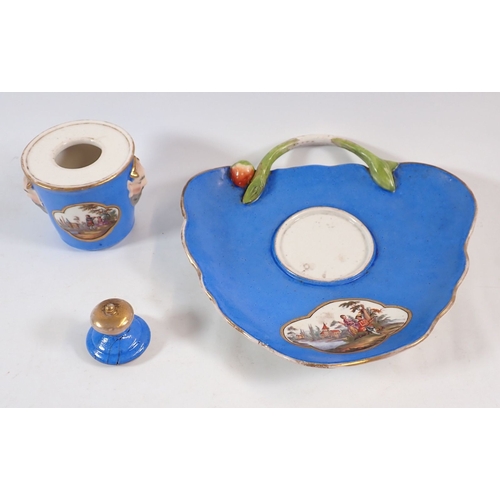 133 - A Meissen style inkwell on stand painted landscape and figure panels on a blue ground, crossed sword... 
