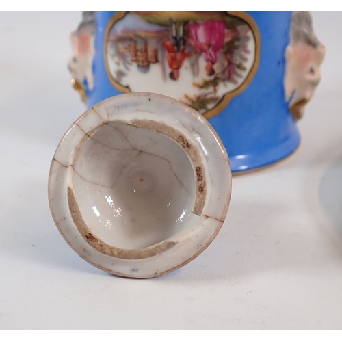 133 - A Meissen style inkwell on stand painted landscape and figure panels on a blue ground, crossed sword... 