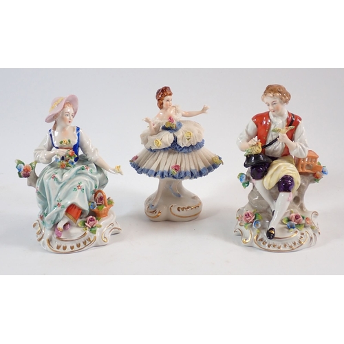 134 - A pair of Sitzendorf figures 'Bird Catcher' and 'Flower Seller' together with a Dresden lace dancing... 