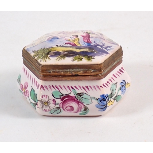 136 - French porcelain trinket box painted two men by a river with floral decoration to sides, 6cm wide