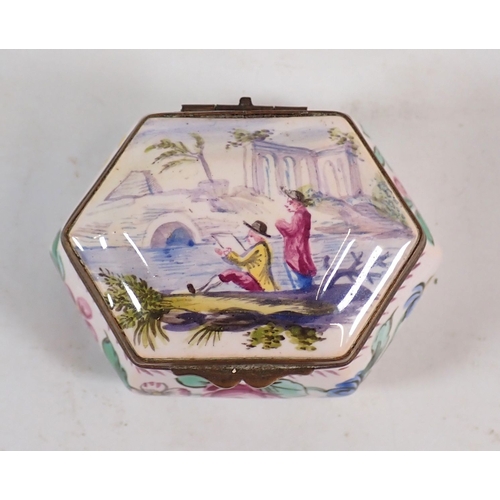136 - French porcelain trinket box painted two men by a river with floral decoration to sides, 6cm wide