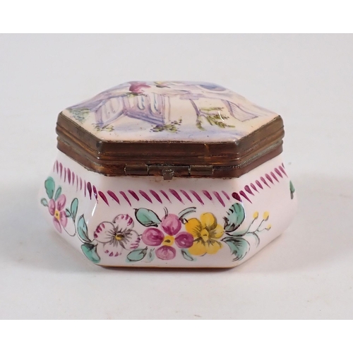 136 - French porcelain trinket box painted two men by a river with floral decoration to sides, 6cm wide