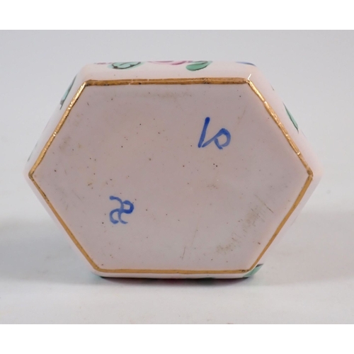 136 - French porcelain trinket box painted two men by a river with floral decoration to sides, 6cm wide
