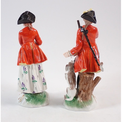 137 - A pair of Dresden Hunter and Huntress figures, 15.5cm high