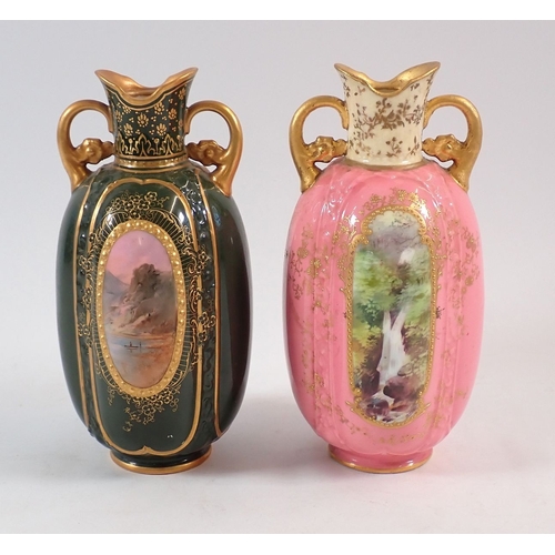 138 - A Royal Doulton pair of vases painted landscapes on pink and green grounds, signed C Hart and W Brow... 